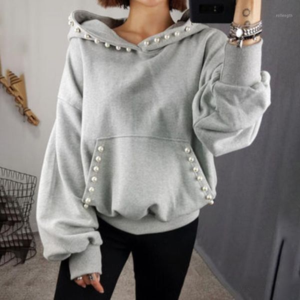 

women solid hoodie autumn and spring office ladies elegant plain beading pullover hooded coat korean causal outwear gray1, Black