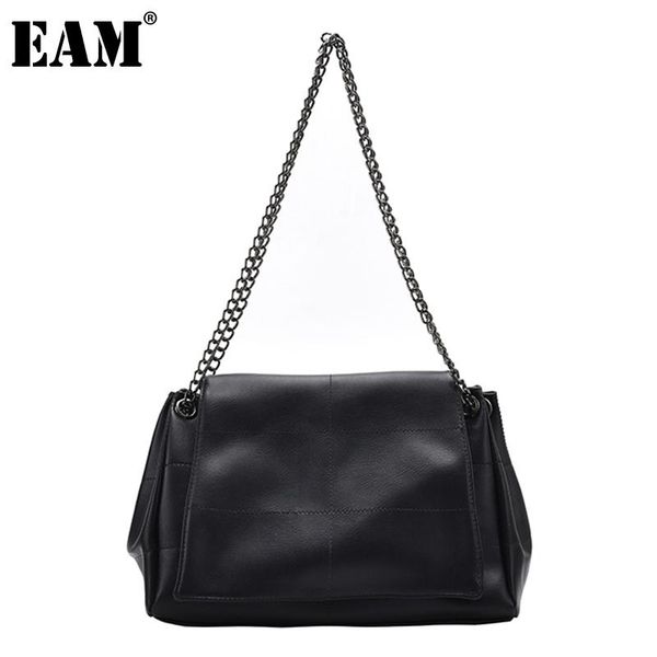 

[eam] women new black tote bag chains elegant pu leather flap personality all-match crossbody shoulder bag fashion 2021 18a1341