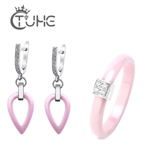 

trendy jewelry lovely pink smooth ceramic pink jewellery sets for women fashion hollow water drop earrings 3mm ceramic rings, Silver