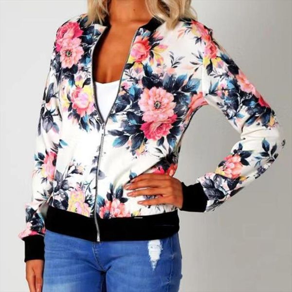 

женщина пальто плюс размер печатанный бомбардировщик 2020 женские карманы на молнии длинные рукава пальто женский цветок шифон белая куртка, Black;brown