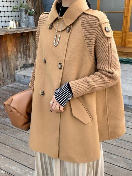 

2020 new popular stitching cape double-sided cashmere coat women's mid-length korean fashion hand-stitched woolen jackets1, Black