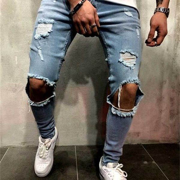 

2019 streetwear men's jeans retro knee hole slim tide male hiphop ripped personality comformale denim trousers, Blue