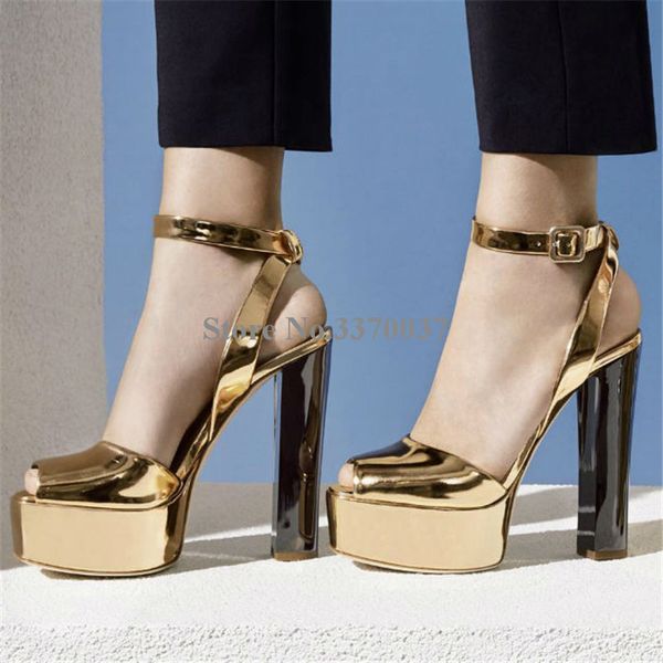 

new fashion women open toe gold high platform chunky heel pumps mirror patent leather ankle strap high heels dress shoes t200525, Black
