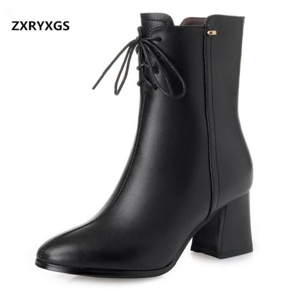 

2020 новые элегантные моды осени и зимы boots женская обувь из натуральной кожи сапоги sexy теплое comfort толстый каблук martin, Black