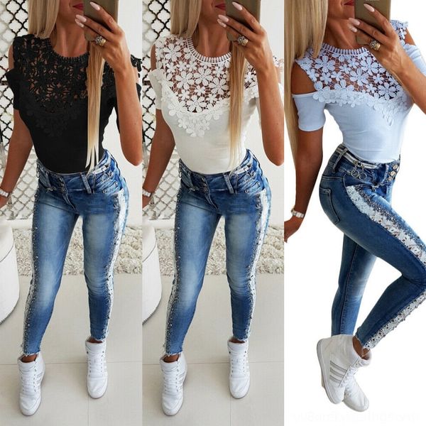 

0wkz9 new summer 2019 hollow flower panelshoulder 2019 fit short sleeve lacewomen's t-shirt new summer slim hollow flower lace panelsho, White