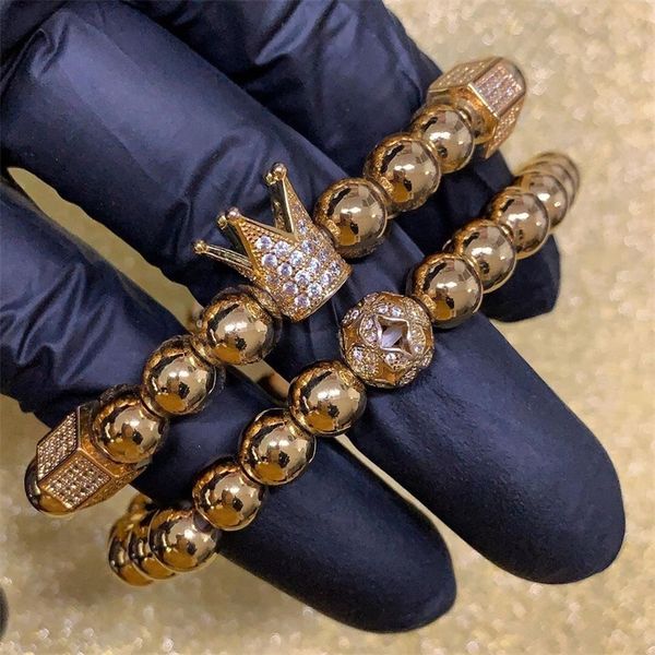 

2pcs/set luxury crown bracelet pave cubic zirconia starlight ball charms copper beads bangles for men jewelry drop shipping y200730, Black
