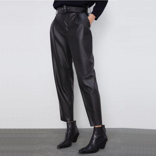 

2020 spring autumn women fashion black hight waist faux leather suit pants with sashes pockets office ladies pu leather trousers1, Black;white