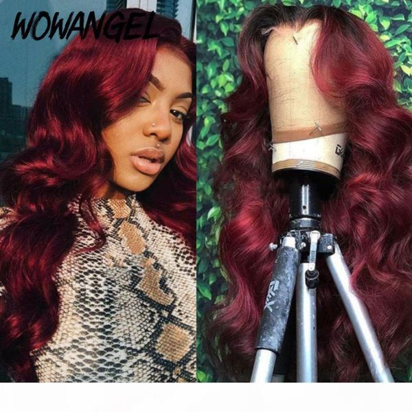 

ombre 99j burgundy red body wave 13x6 lace front human hair wigs colored brazilian transparent lace frontal wig pre-plucked, Black;brown