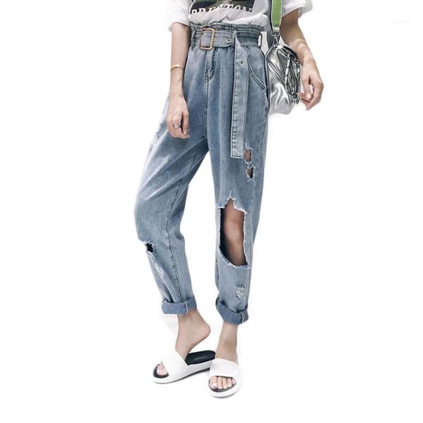 

streetwear destroyed ripped jeans for women high waist boyfriend jeans with belt woman knee big hole loosse straight denim pants1, Blue