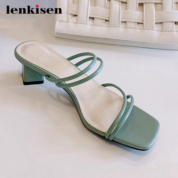 

lenkisen leisure high fashion square toe med square heel narrow band slip on mules office lady dress women summer sandals l32 70td#, Black