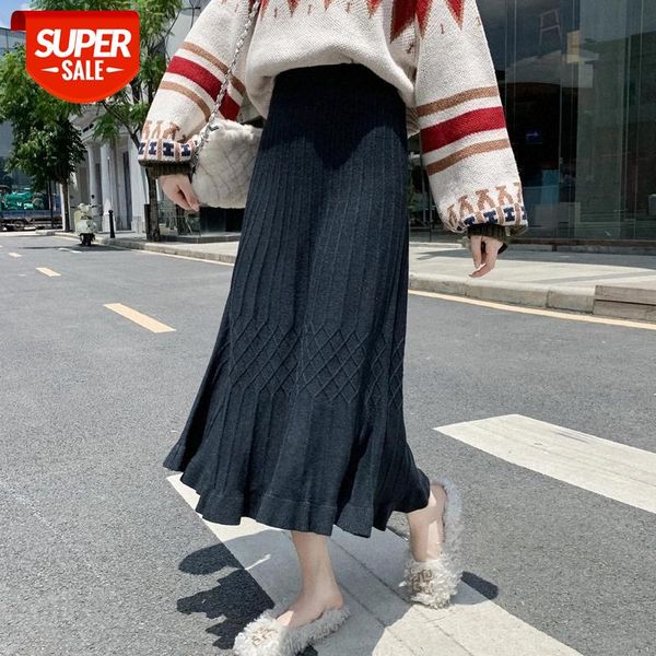 

jxmyy2020new knit skirt pleated umbrella skirt mid-length high waist autumn and winter elastic waist a-line is thin female #zh0p, White;black