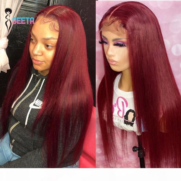 

geeta 13x4x1 lace front human hair wigs 99j red straight malaysian remy human hair deep part wig pre plucked baby 28 inch, Black;brown