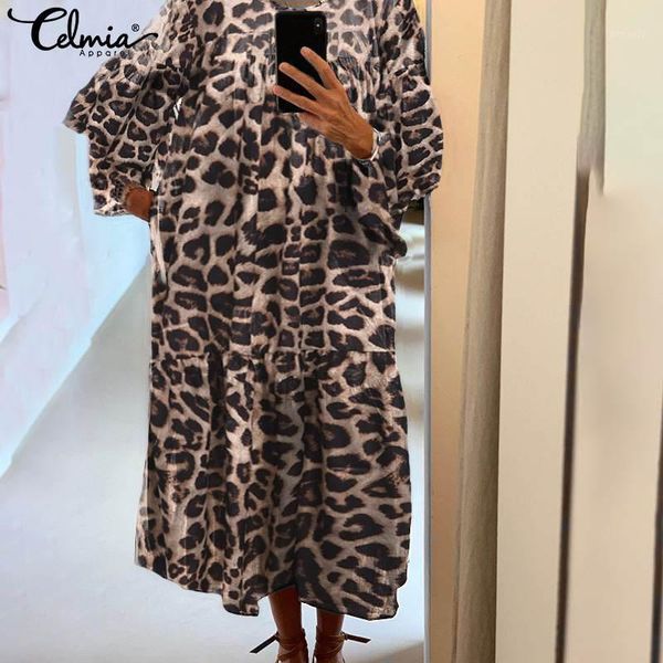 

casual dresses women autumn long shirt dress 2021 celmia vintage leopard print pleated party vestidos robe femme flare sleeve 5xl1, Black;gray