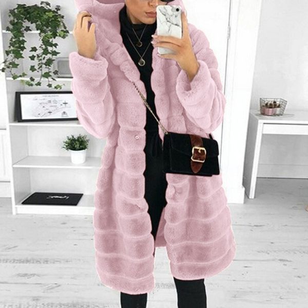

winter womens european and american-style mid-length slim-fit woolen coat furry hooded coat womens w, Black