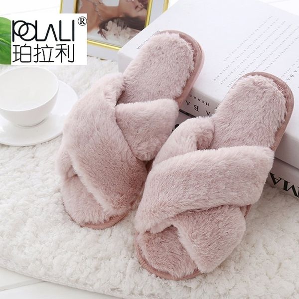 

polali winter women home slippers with faux fur fashion warm shoes woman slip on flats female slides black pink plus size 41 y200624