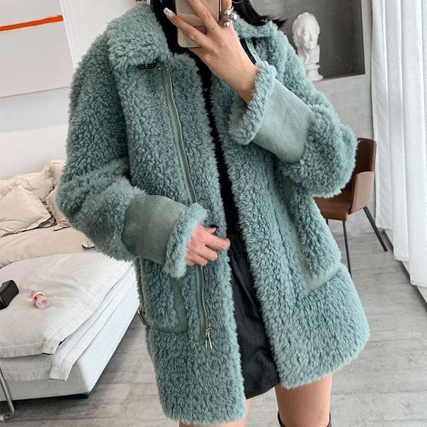 

2020 winter coat women loose fur coat warm real fur jackets sheep shearing with artificial deerskin mid-length l591, Black