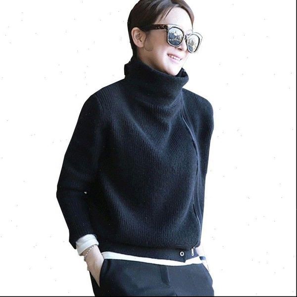 

new autumn winter korea fashion women turtleneck loose zipper cardigans female casual knitted coat warm sweater plus size d138, White;black