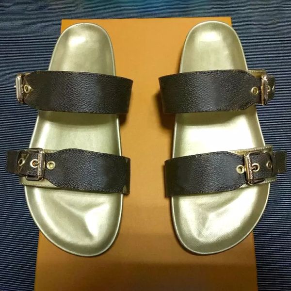Paris Sliders Mens Sandálias Verão Sandálias de Praia Senhoras Ladies Flip Flops Locais Clássicos Mono Grama Slides Brown Chaussures Sapatos Tamanho35-41