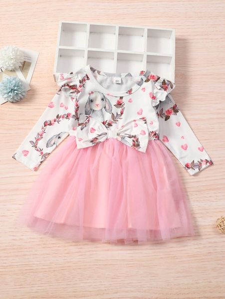 

baby rabbit and floral print bow front contrast mesh dress she, Red;yellow