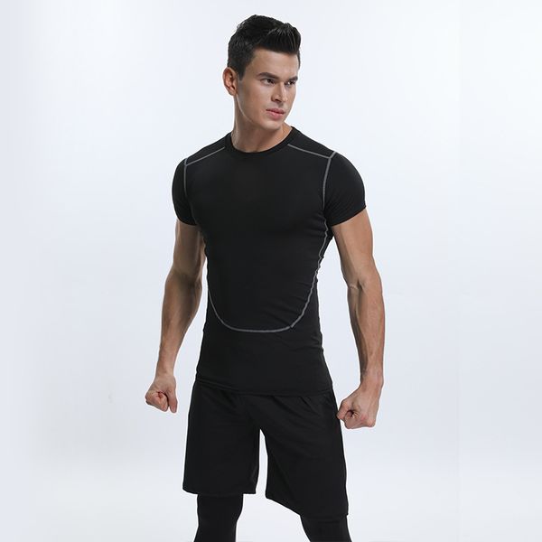 

2020 brand new men's t shirt high elasticity solid color tight quick-drying t-shirt for male fitness clothing tshirt, White;black