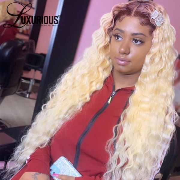 

lace wigs 4/613 front human hair for black women blonde wig 613 deep wave transparent, Black;brown