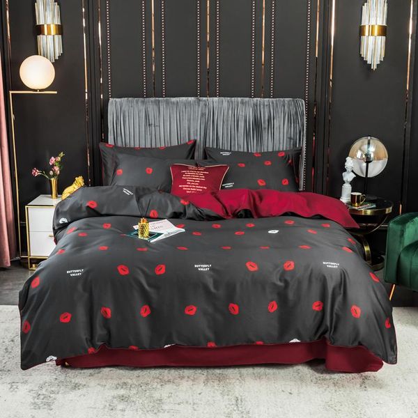 

king twin size 60s egyptian cotton soft bedding set red lips printing black duvet cover bed linen fitted sheet pillowcases
