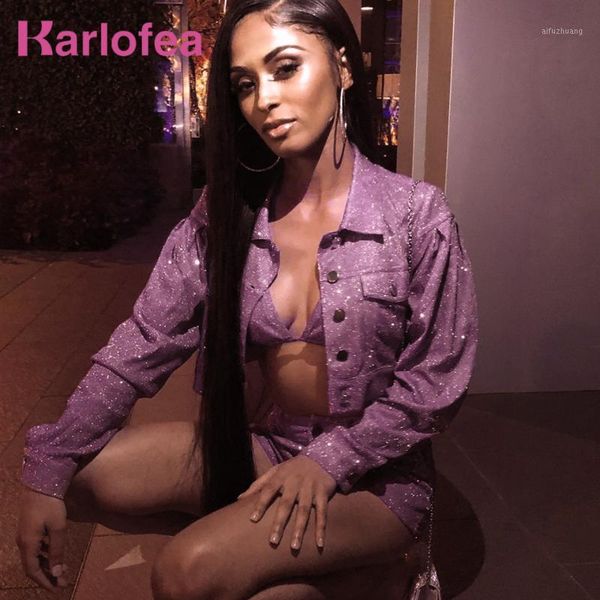 

karlofea women fashion street wear 3 piece matching suits jacket bra shorts sets lady sparkle glitter night club party wear1, White