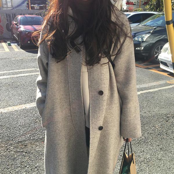 

[ewq] 2020 korean autumn and winter women's overcoat temperament lapel invisible buckle waistband long woolen coat lj201128, Black