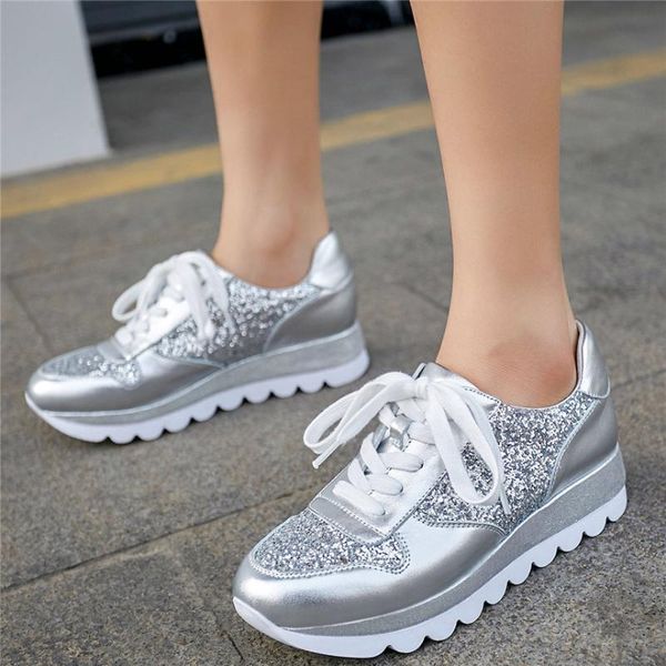 

Shiny Glitter Fashion Sneakers Women Lace Up Cow Leather Wedges Ankle Boots Female Round Toe Platform Pumps Shoes Casual Shoes, Black