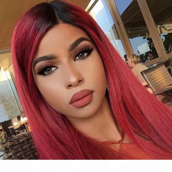 

red ombre human hair wigs for black women straight virgin malaysian glueless pre plucked dark root ombre red lace front wig with colored, Black;brown