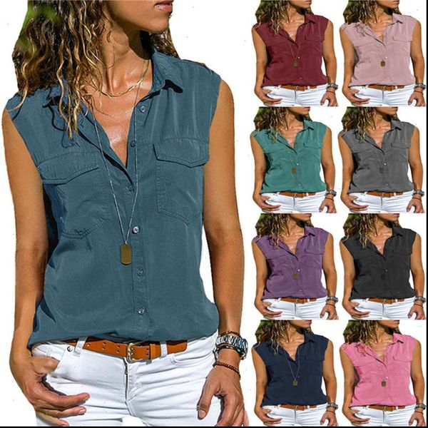 

s 8xl big size casual summer shirt women sleeveless black oversized blouses streetwear lapel button pocket loose plus size, White