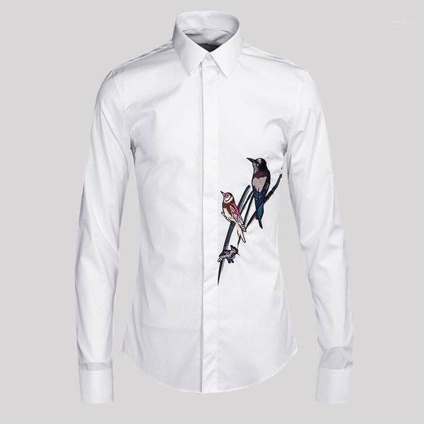 

2019 men new bird embroidery slim fit business dress shirt autumn solid long sleeve korean plus size cotton casual shirt1, White;black