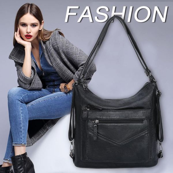 

black fashion women washable pu leather crossbody handbags large capacity multi-pocket travel shopping shoulder bags