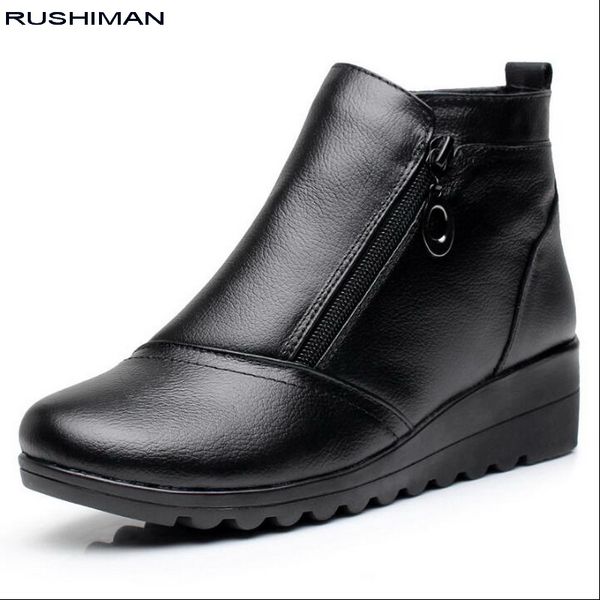 

boots rushiman plus size 35-43 women fashion woman genuine leather wedges ankle casual keep warm snow winter s, Black