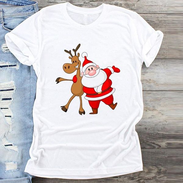 

women clothing deer santa claus 90s cartoon merry christmas print clothes graphic t shirt ladies female tshirts tee t shirt, White