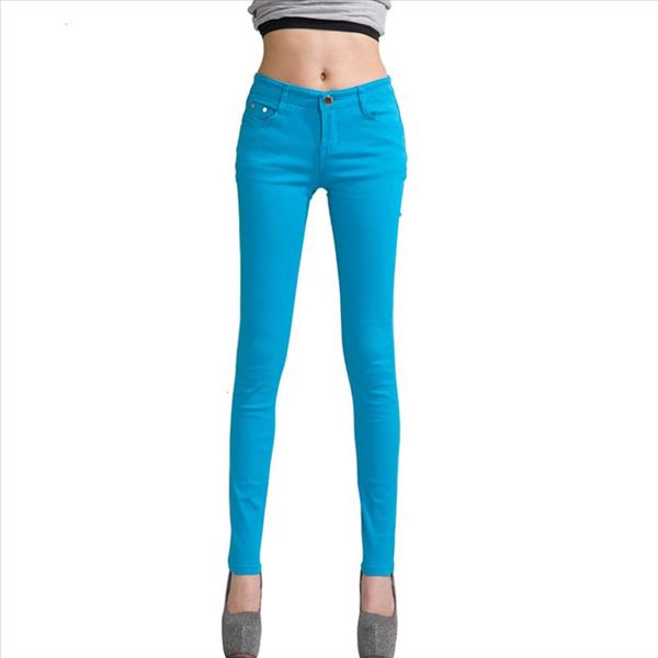 

women jeans cotton pencil leggings skinny jeans mid waist woman slim fit woman full length candy color, Blue