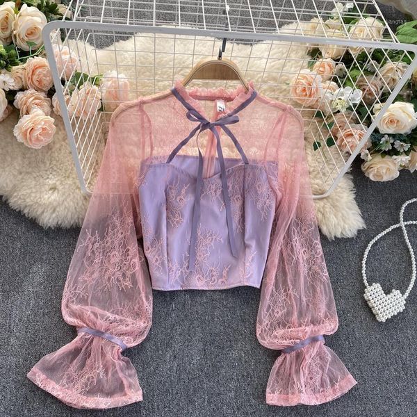 

2020 new womens fashion hollow lace up wooden ear side stand collar slim fit short shirt long sleeve elegant clothes blouse q5571, White