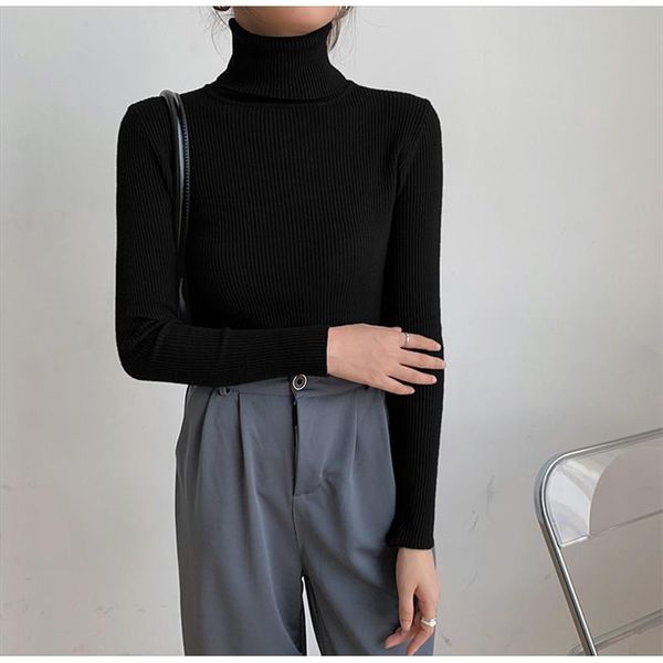 

2021 spring women sweaters female knitted pullover solid turtleneck elasticity thin elegant office lady casual all match, White;black