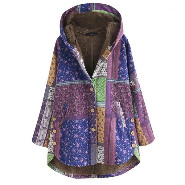 

women plus size fashion retro coat autumn winter warm printing splicing button hood cardigan long sleeves coat pull femme1, Black;brown