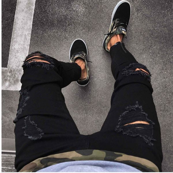 

2021 new korean style men's fashion label ripped black wide turnup pants skinny hip-hop locomotive jeans 1cl9, Blue