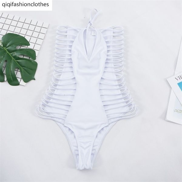 

2019 single new multi rope hollow out white slim one-piece swimsuit female, White;black