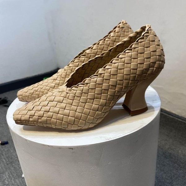 

2020 square toe weave genuine leather pumps women chunky high heel shallow shoes woman runway slip on shoes woman, Black