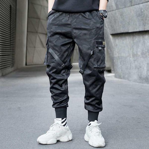 

men's pants men ribbons color block camouflage pocket cargo 2021 harem joggers harajuku sweatpant hip hop trousers, Black