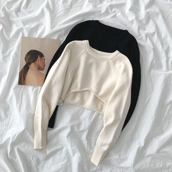 

pure color sweater women 2020 winter new korean version of wild design sense irregular short long sleeve sweater1, White;black