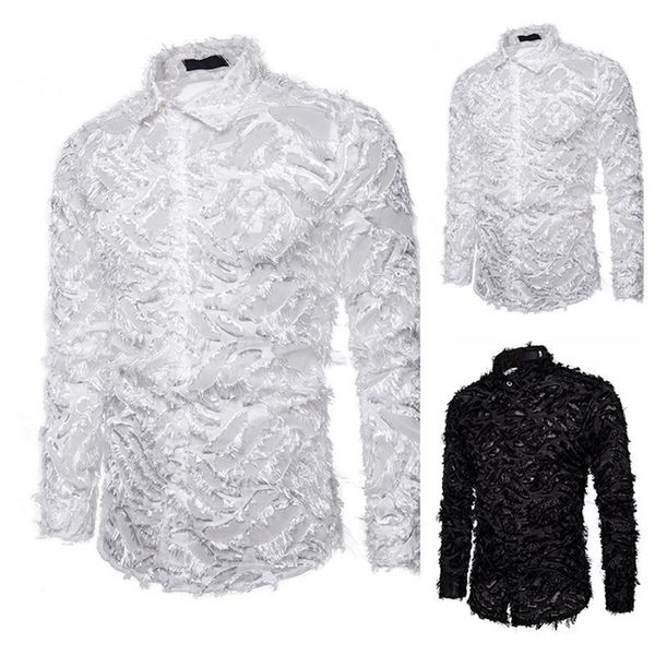 

new spring men's shirt handmade three-dimensional feather fabric features a lapel long sleeve shirt, White;black