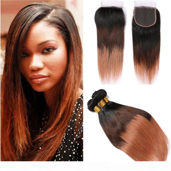 

#1b 4 30 ombre human hair bundles and closure 3 tone hair extensions medium auburn ombre brazilian weaves human hair bundles with closure, Black;brown