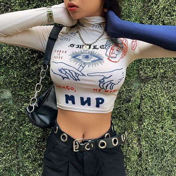 

20 wind autumn coat t-shirt and winter new women's wear half high neck print navel t-shirt qnx43, White