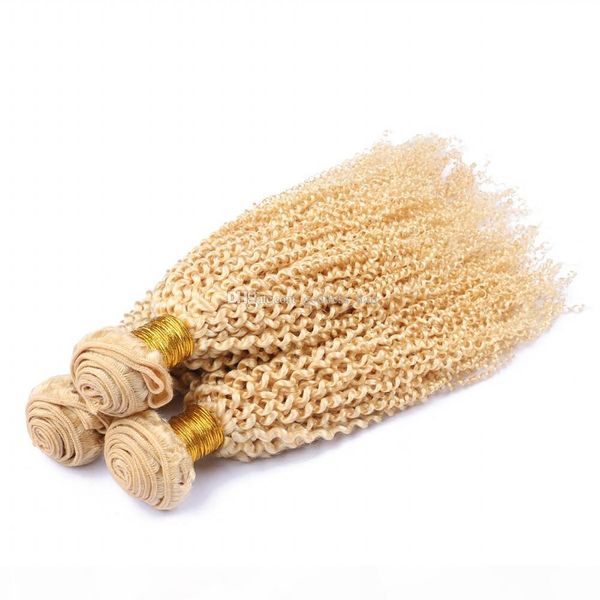 

double wefted afro curly hair extensions brazilian human hair kinky curly color #613 3pcs blenched blonde kinky curly hair bundles, Black