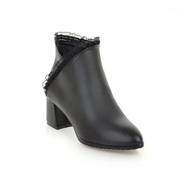 

boots pqecfs big size 34-43 2021 spring & autumn women solid sweet lace heels ankle 3 colors1, Black