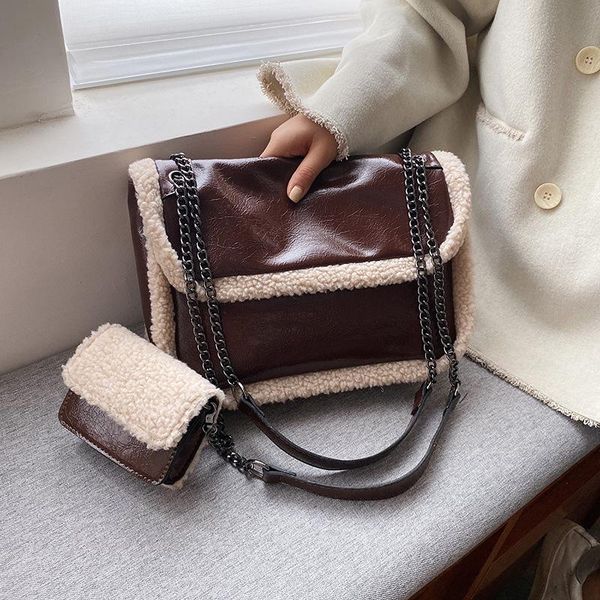 

winter lamb fur shoulder bags for women pu leather 2021 fashion casual shoulder bags with small wallet female crossbody furry